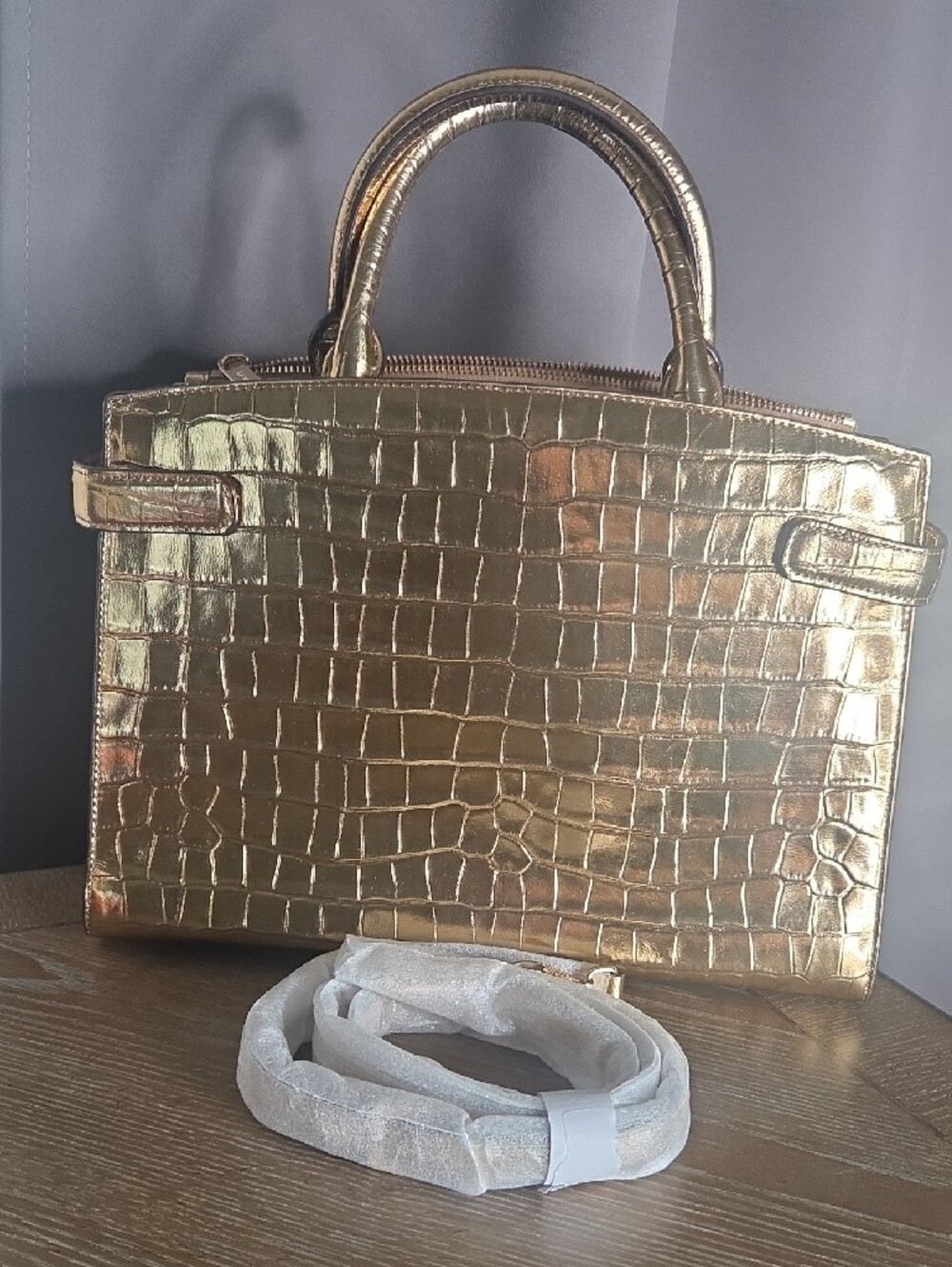 Metallic Gold Croc-Embossed Satchel Bag - Picture 2 of 10